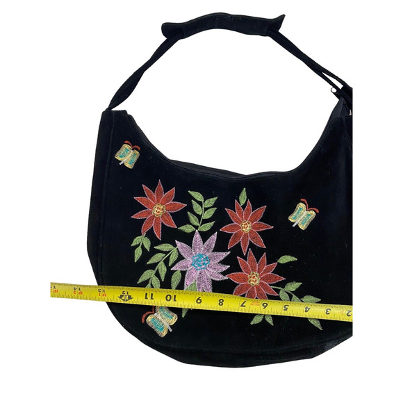 Vintage Y2K Suede Leather Shoulder Bag Purse Black Embroidered Butterflies Asian - Picture 12 of 15
